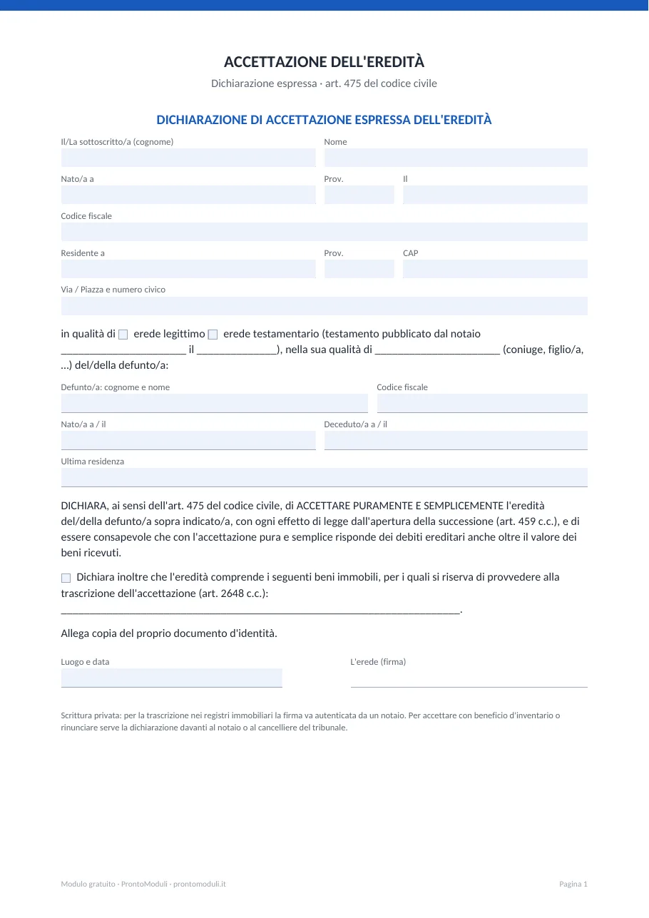 Anteprima del modulo Accettazione dell’eredità (dichiarazione espressa)