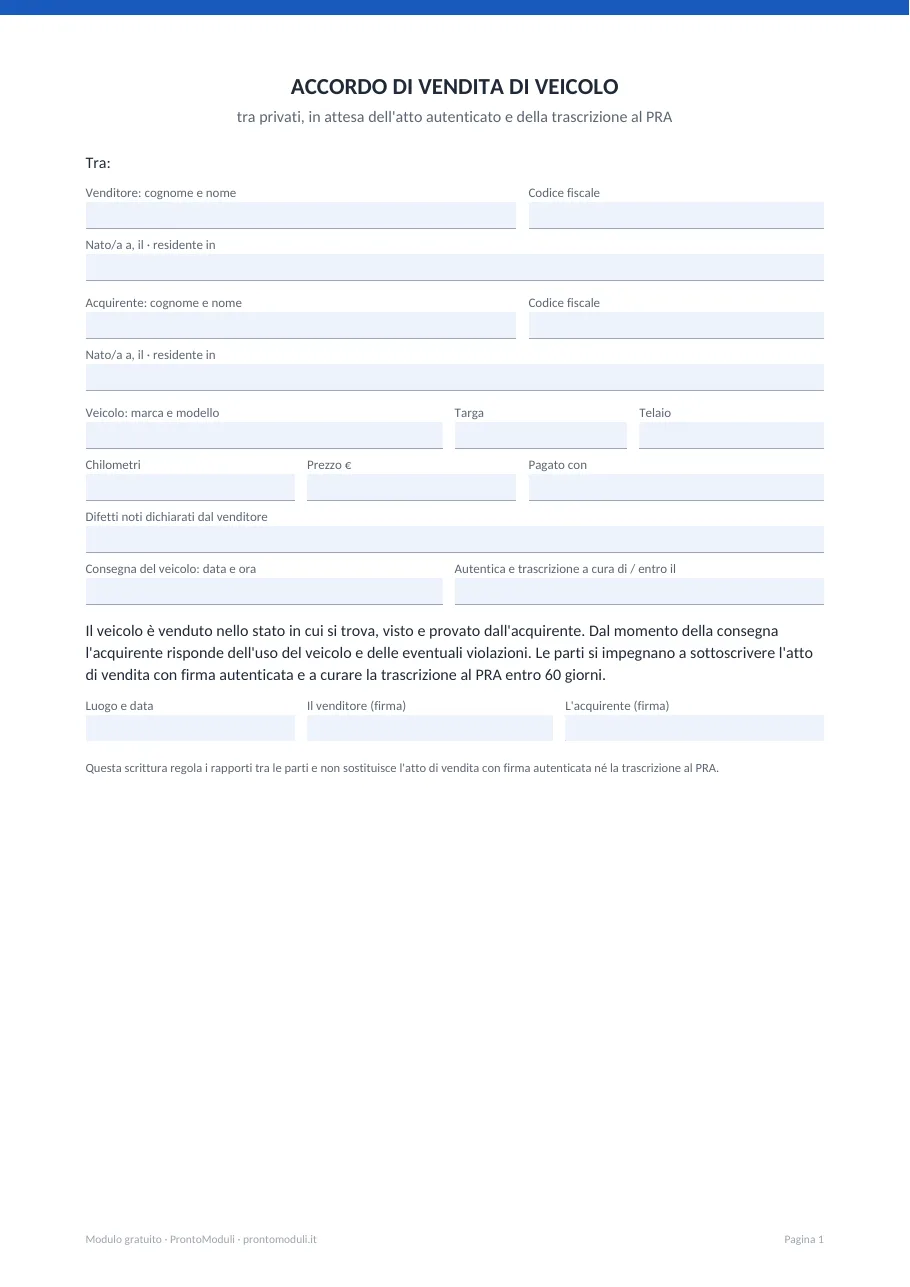 Anteprima del modulo Atto di vendita auto tra privati