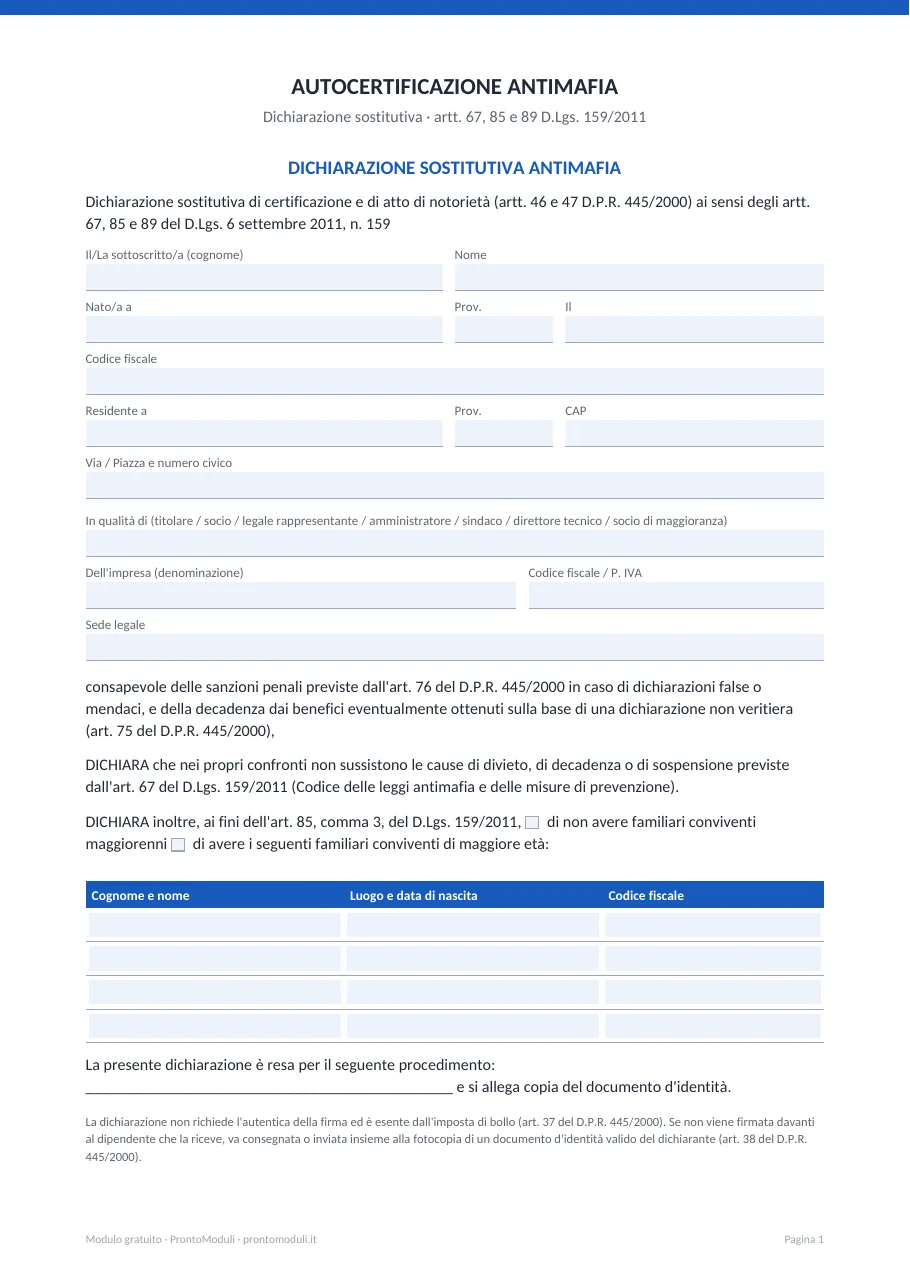 Anteprima del modulo Autocertificazione antimafia
