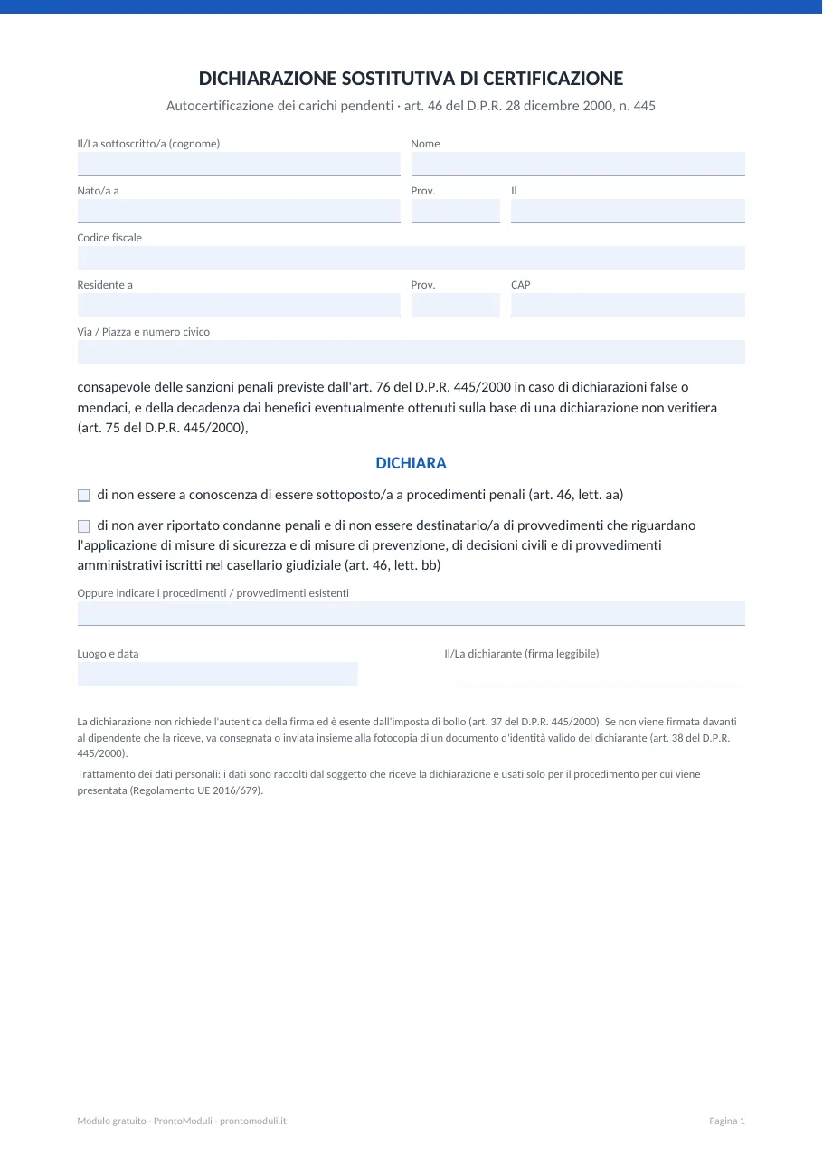 Anteprima del modulo Autocertificazione carichi pendenti