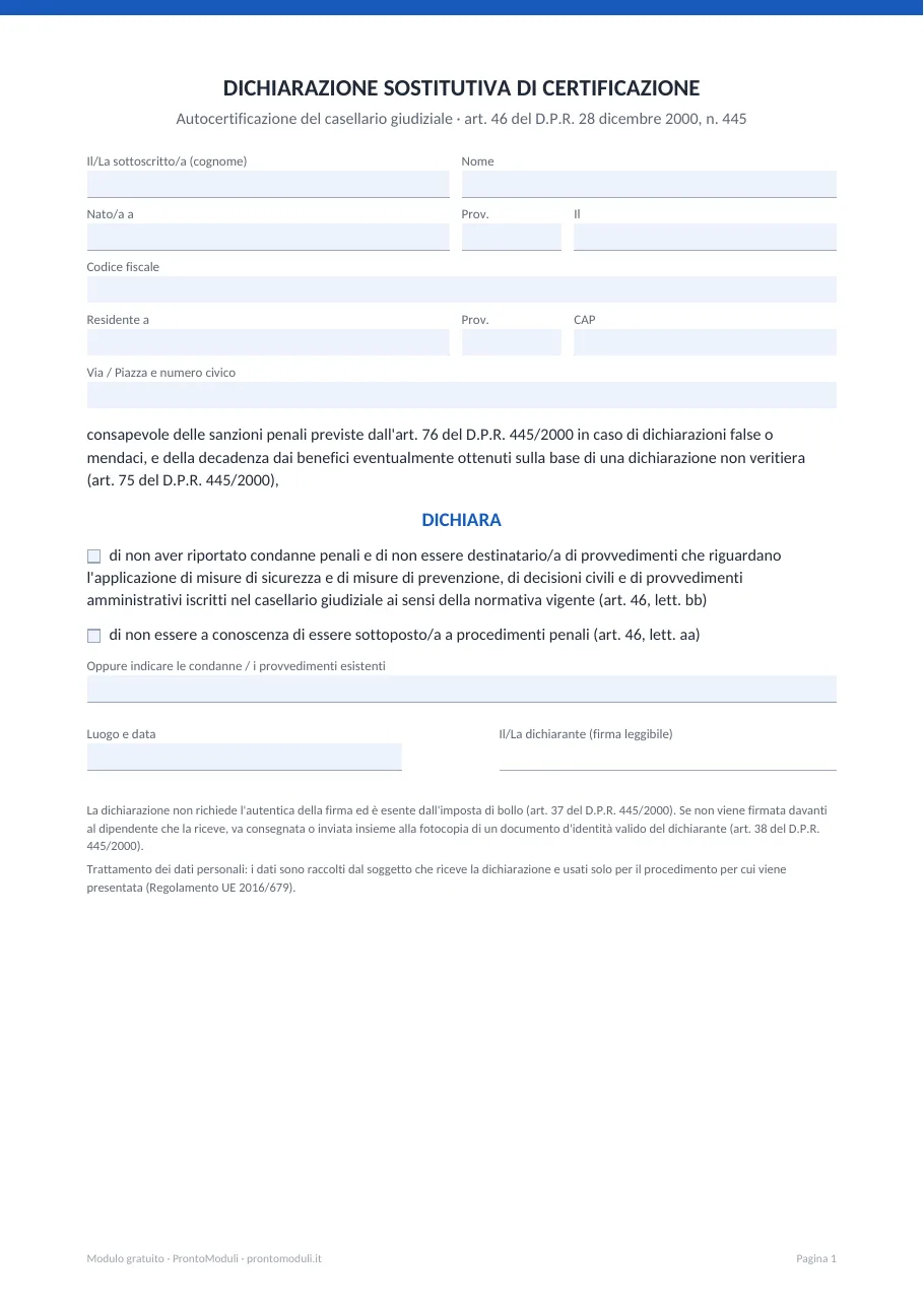 Anteprima del modulo Autocertificazione casellario giudiziale