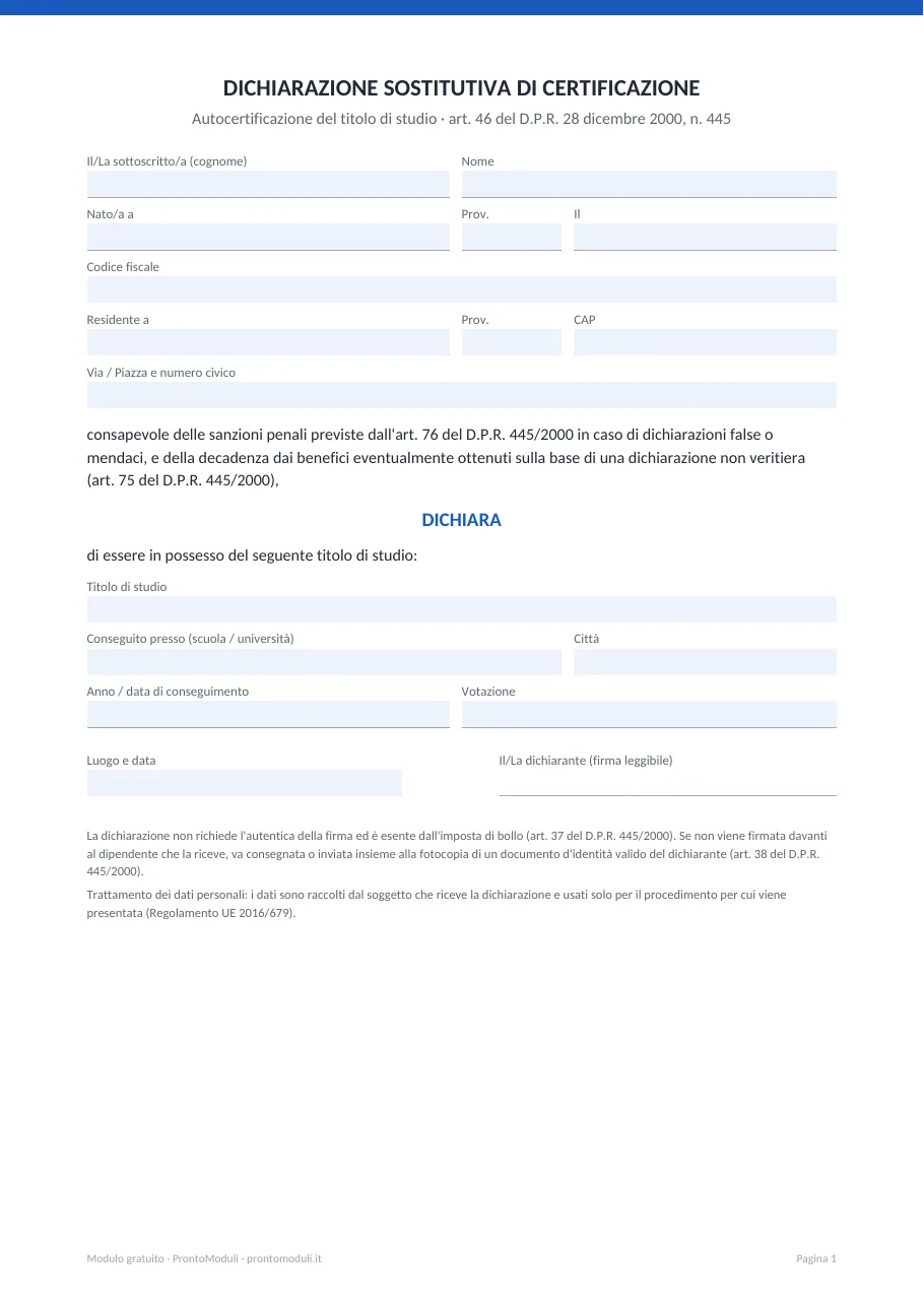 Anteprima del modulo Autocertificazione del diploma