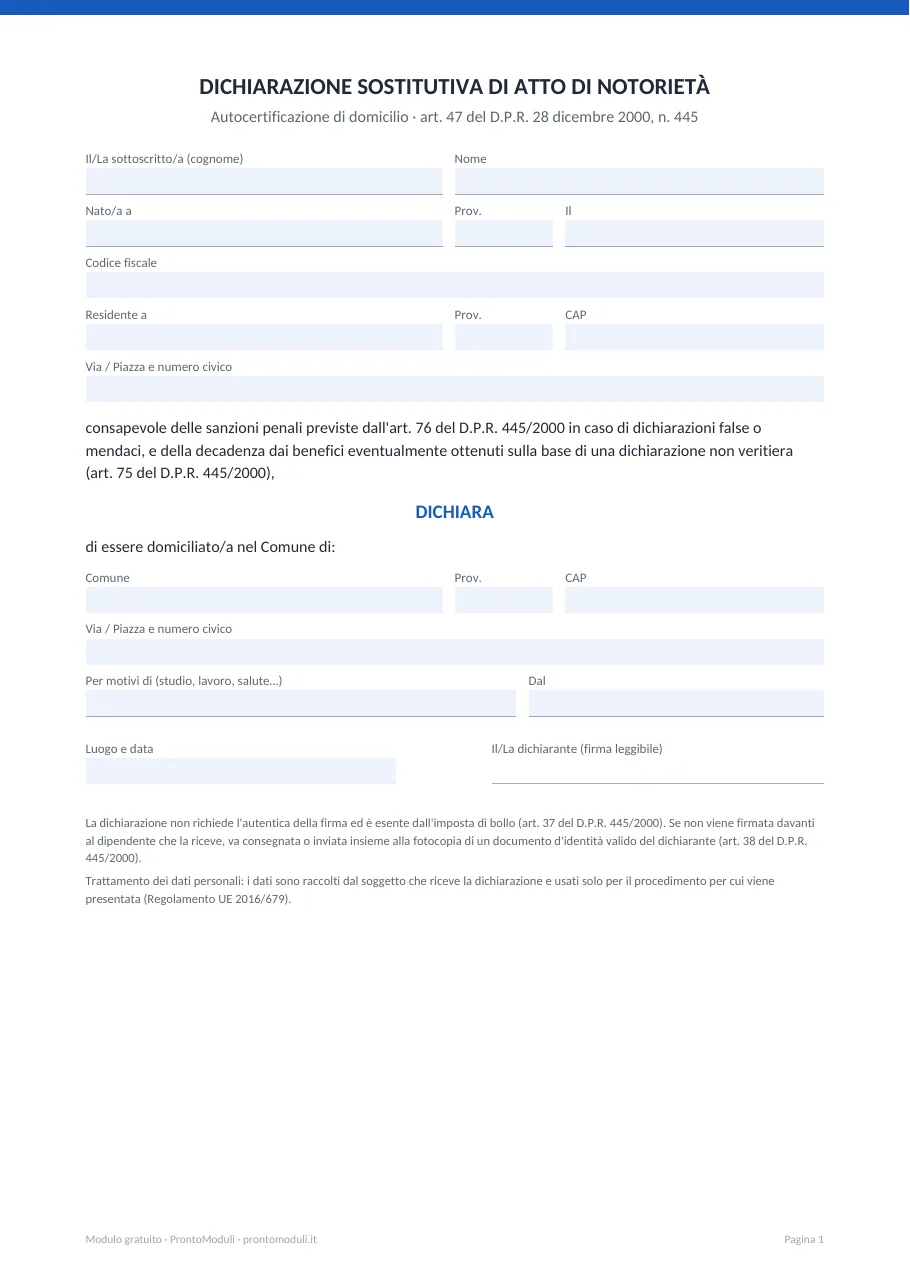Anteprima del modulo Autocertificazione di domicilio