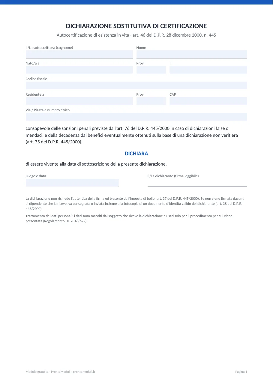 Anteprima del modulo Autocertificazione di esistenza in vita