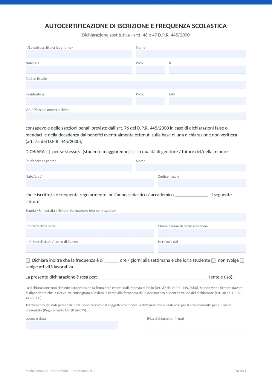 Anteprima del modulo Autocertificazione di iscrizione e frequenza scolastica
