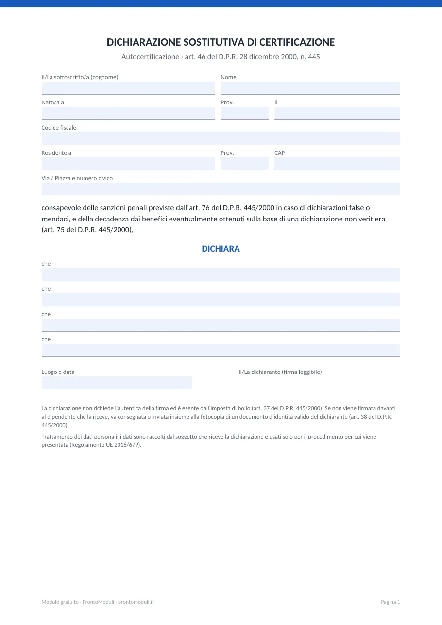 Anteprima del modulo Autocertificazione generica