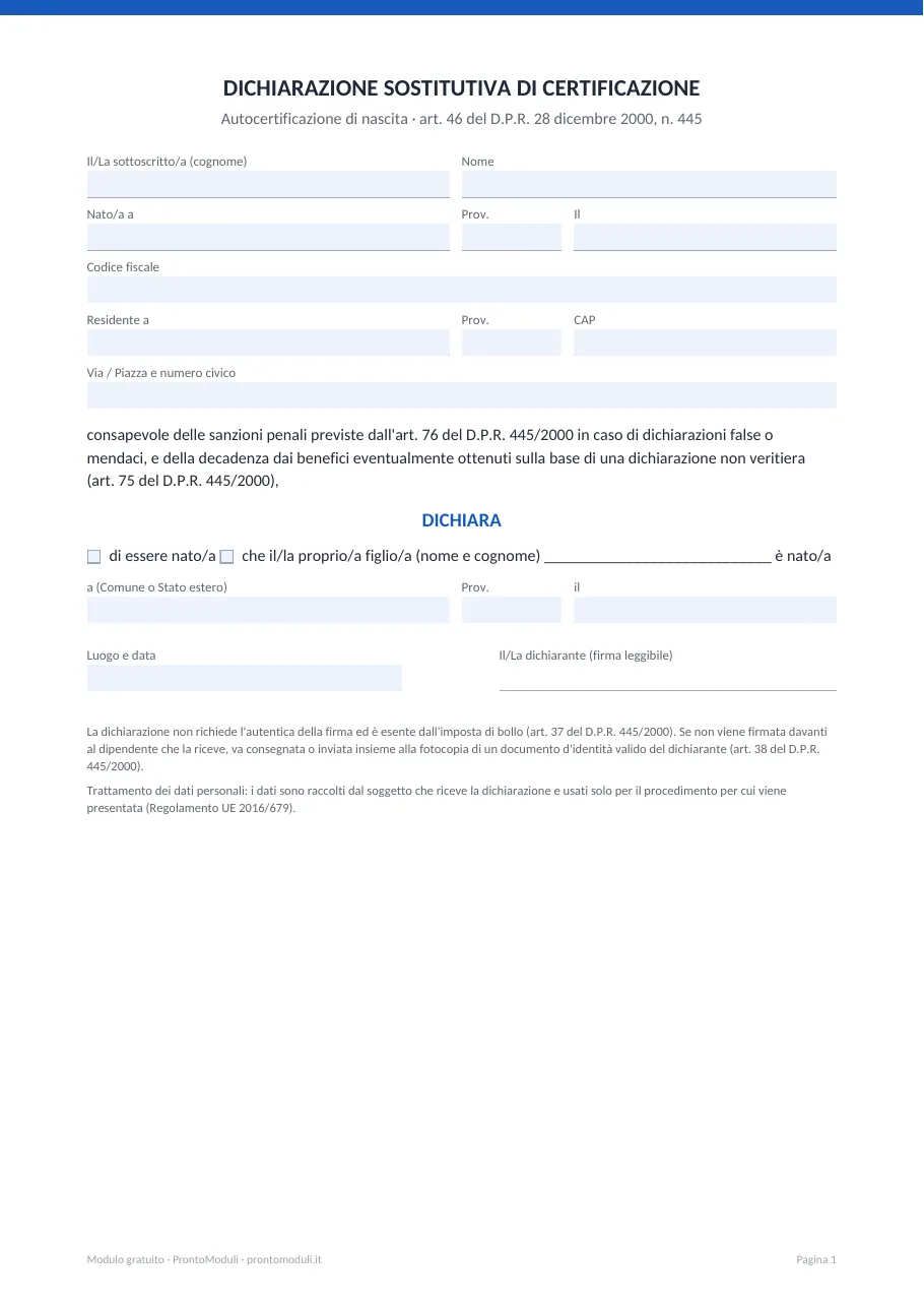 Anteprima del modulo Autocertificazione di nascita