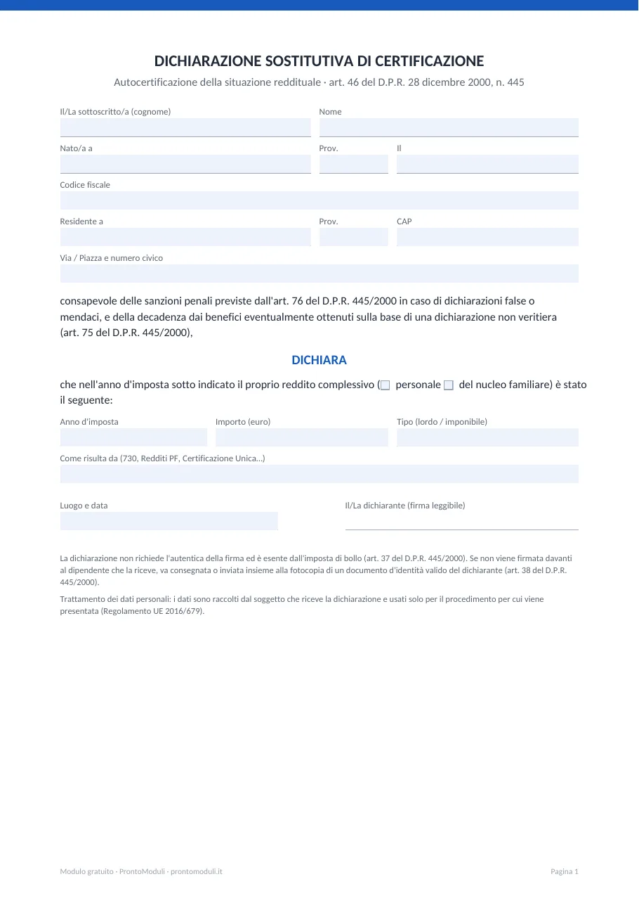 Anteprima del modulo Autocertificazione del reddito