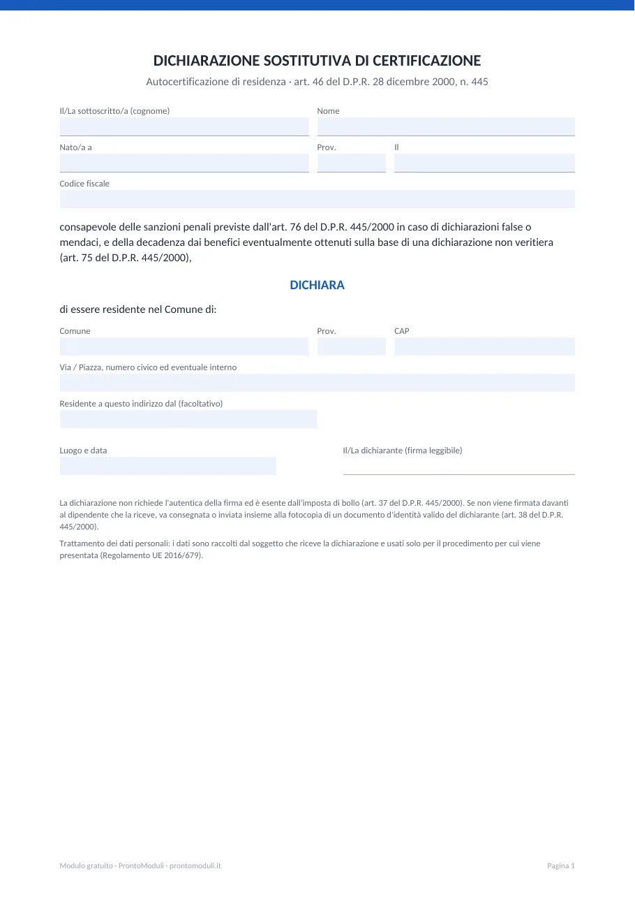 Anteprima del modulo Autocertificazione di residenza