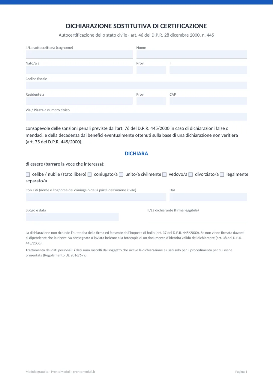 Anteprima del modulo Autocertificazione dello stato civile