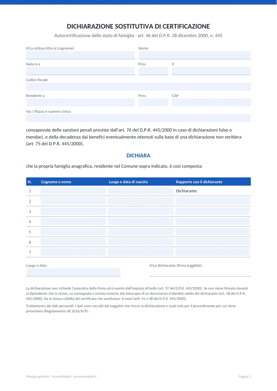 Anteprima del modulo Autocertificazione stato di famiglia