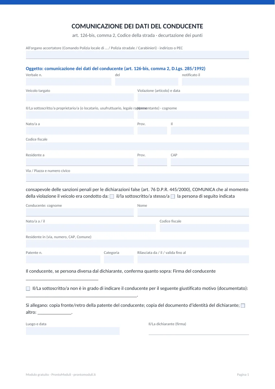 Anteprima del modulo Comunicazione dati del conducente (decurtazione punti)