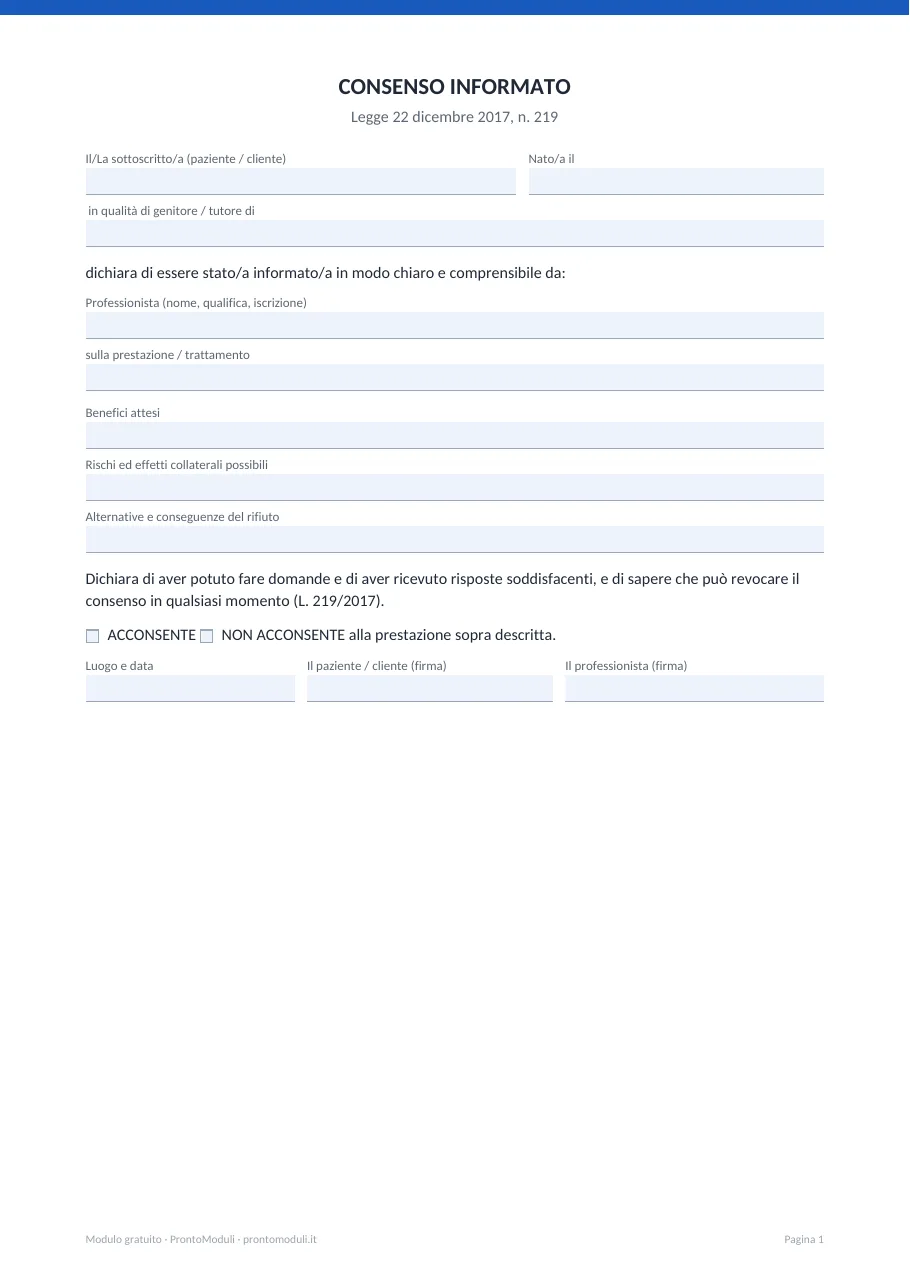 Anteprima del modulo Consenso informato