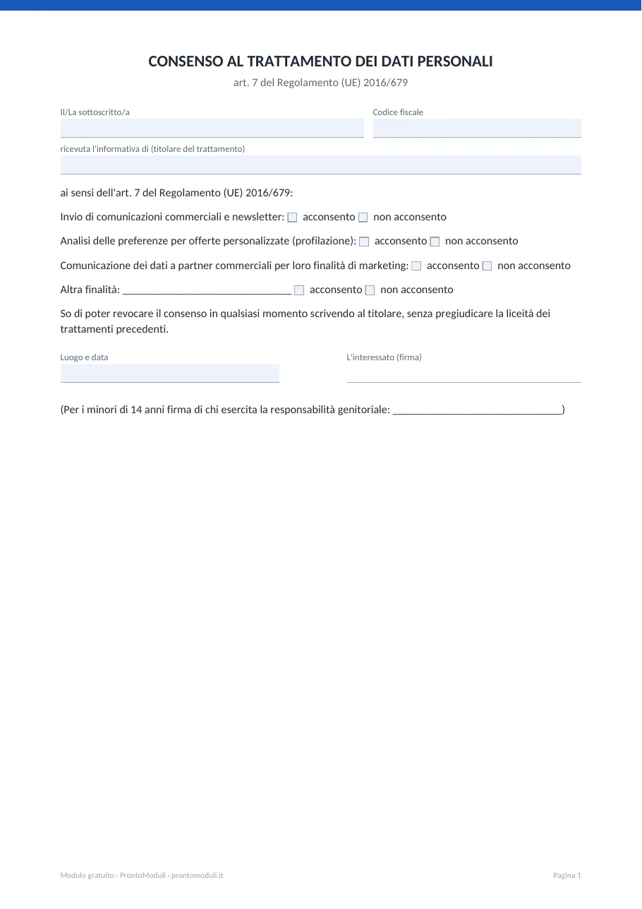 Anteprima del modulo Consenso al trattamento dei dati personali