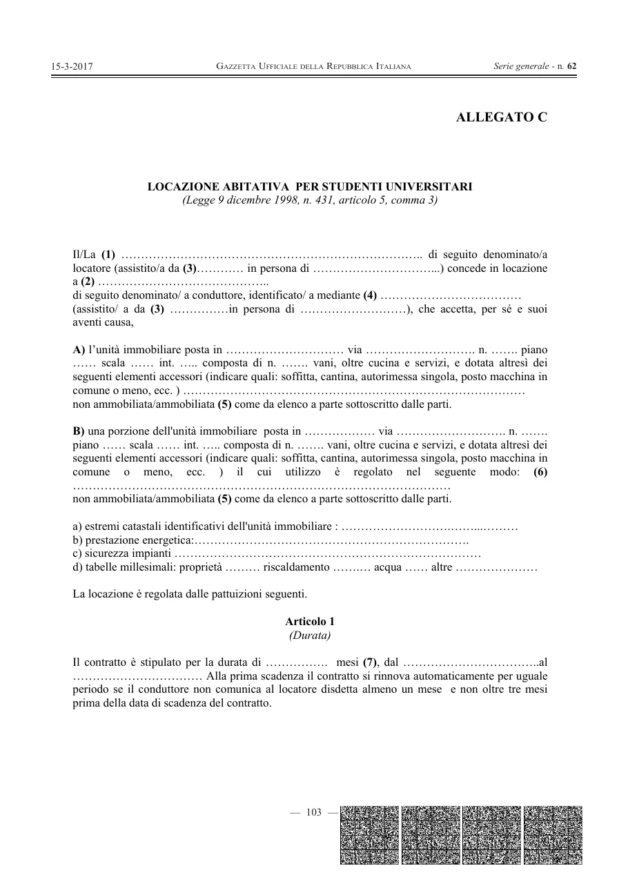 Anteprima del modulo Contratto di affitto per studenti universitari