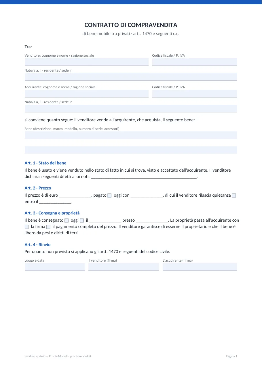 Anteprima del modulo Contratto di compravendita tra privati