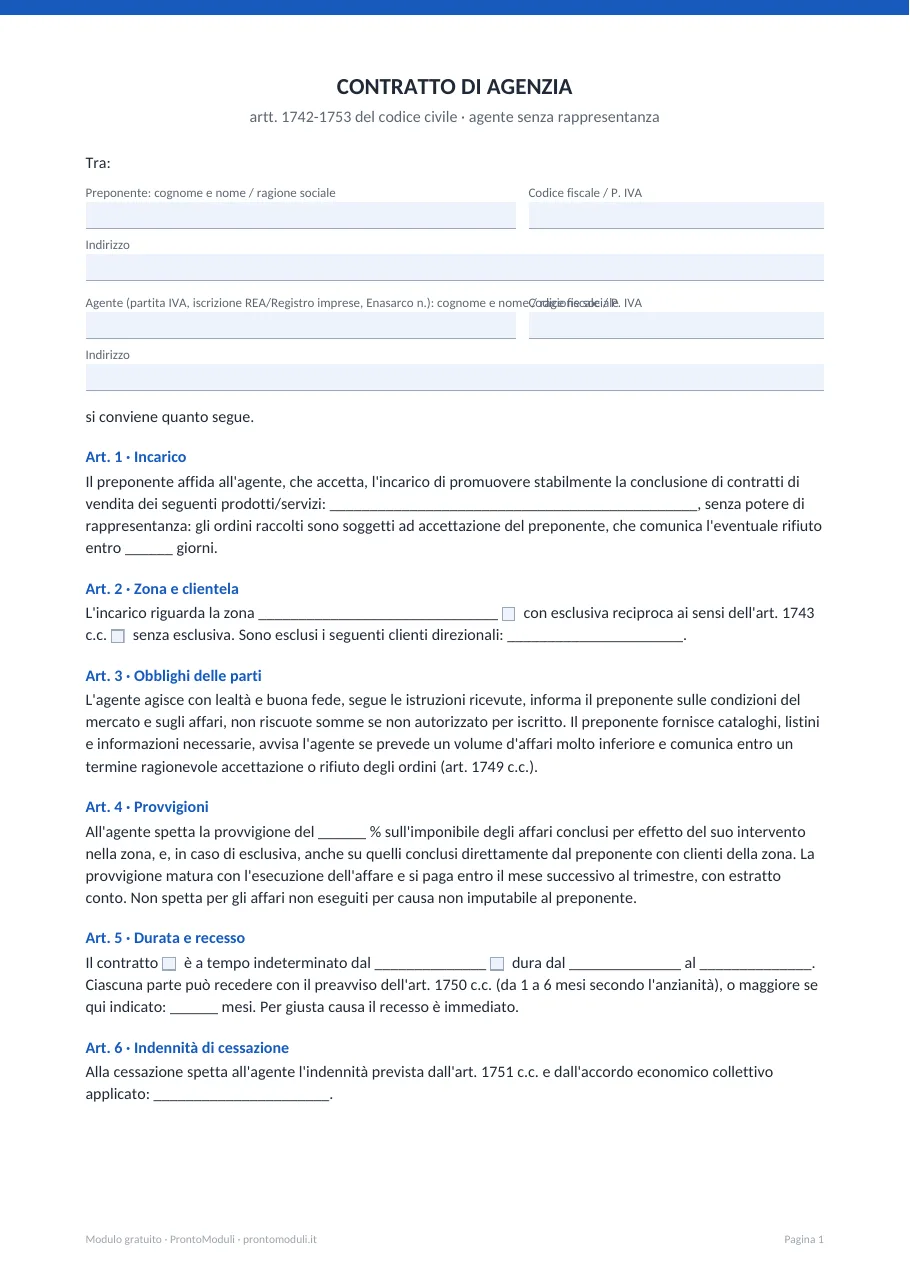 Anteprima del modulo Contratto di agenzia