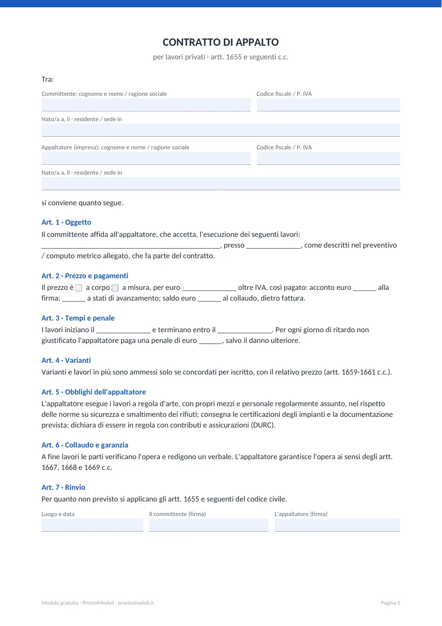 Anteprima del modulo Contratto di appalto