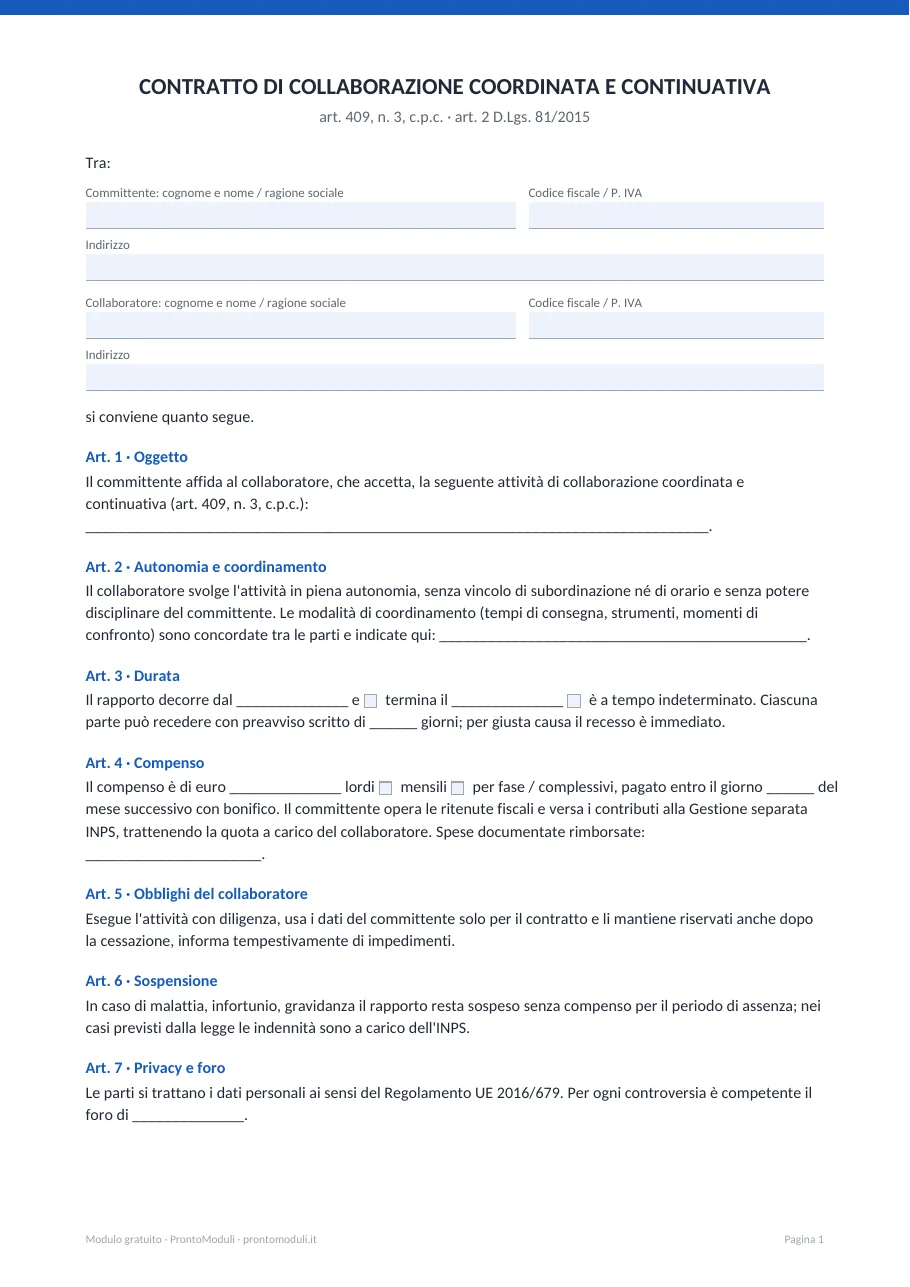 Anteprima del modulo Contratto di collaborazione coordinata e continuativa