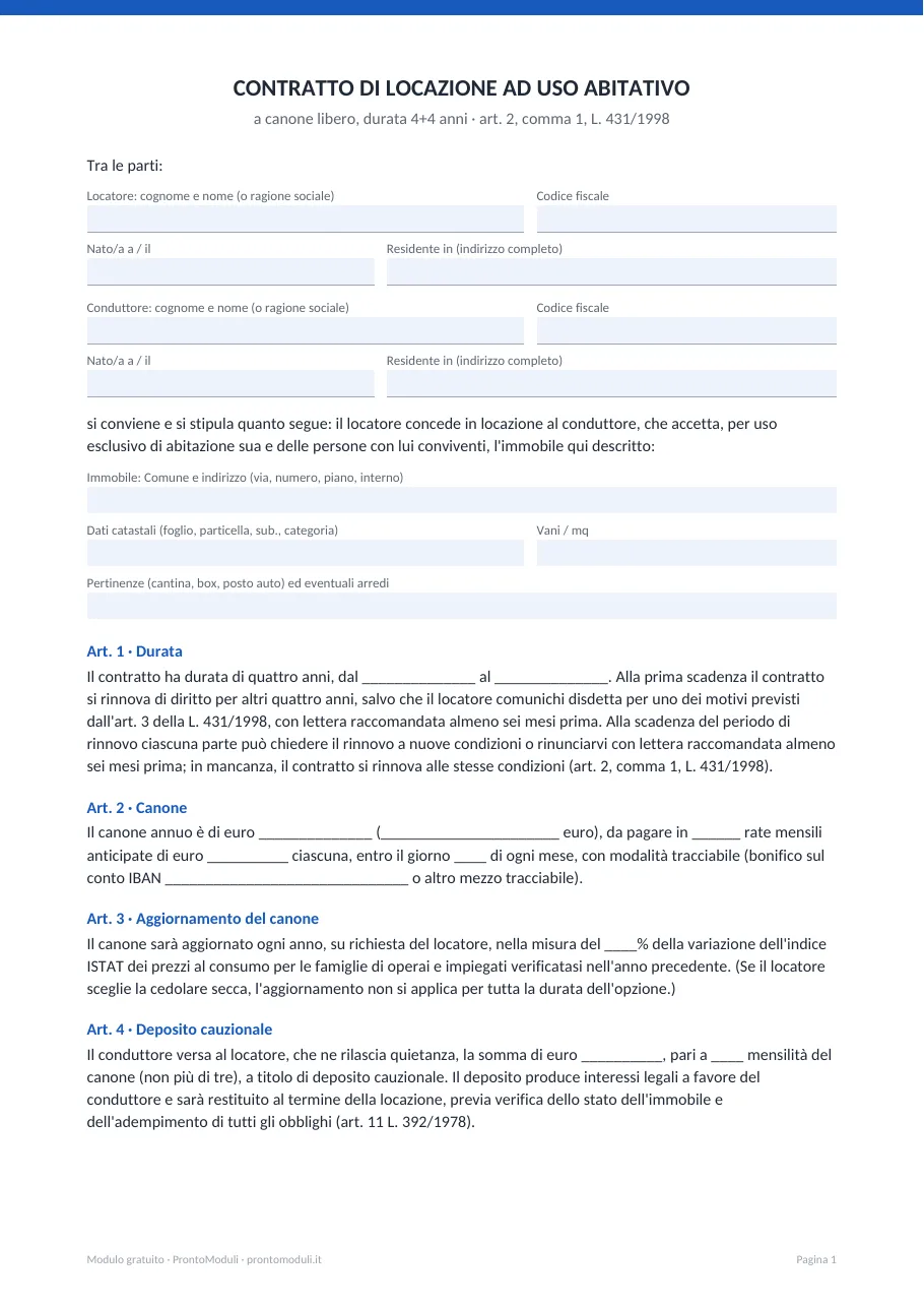 Anteprima del modulo Contratto di locazione 4+4