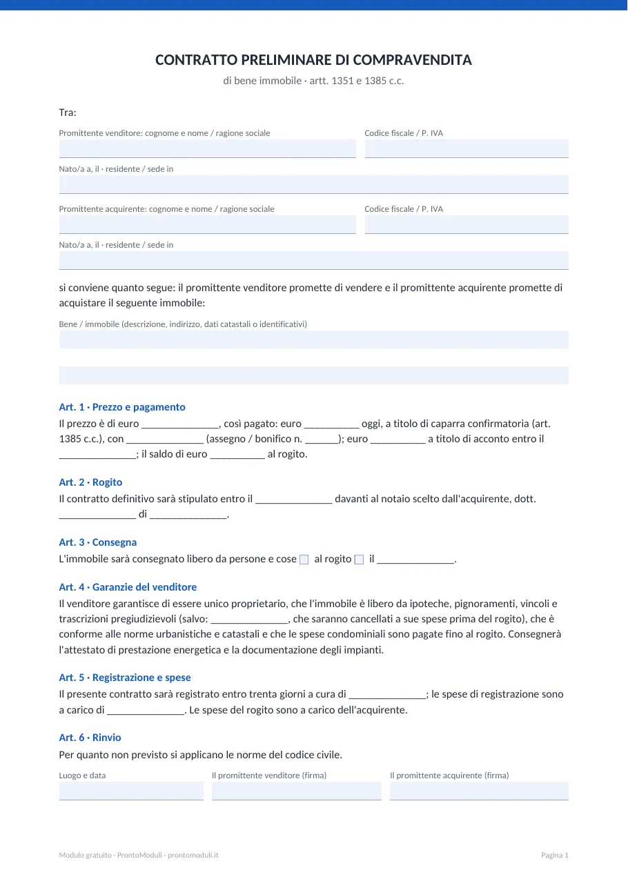Anteprima del modulo Contratto preliminare di compravendita