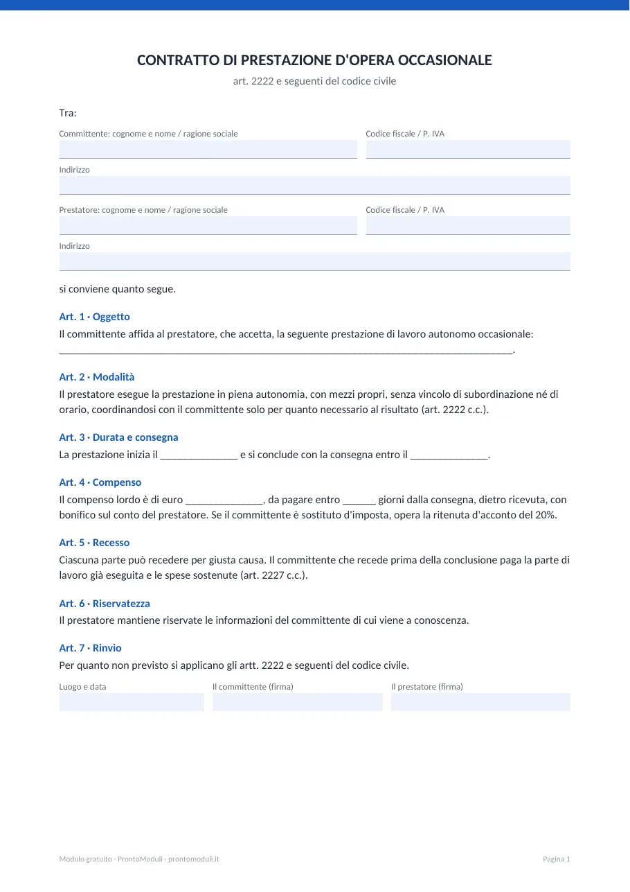 Anteprima del modulo Contratto di prestazione occasionale
