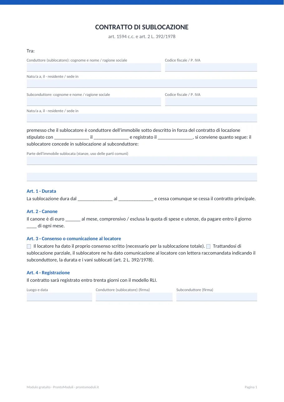 Anteprima del modulo Contratto di subaffitto