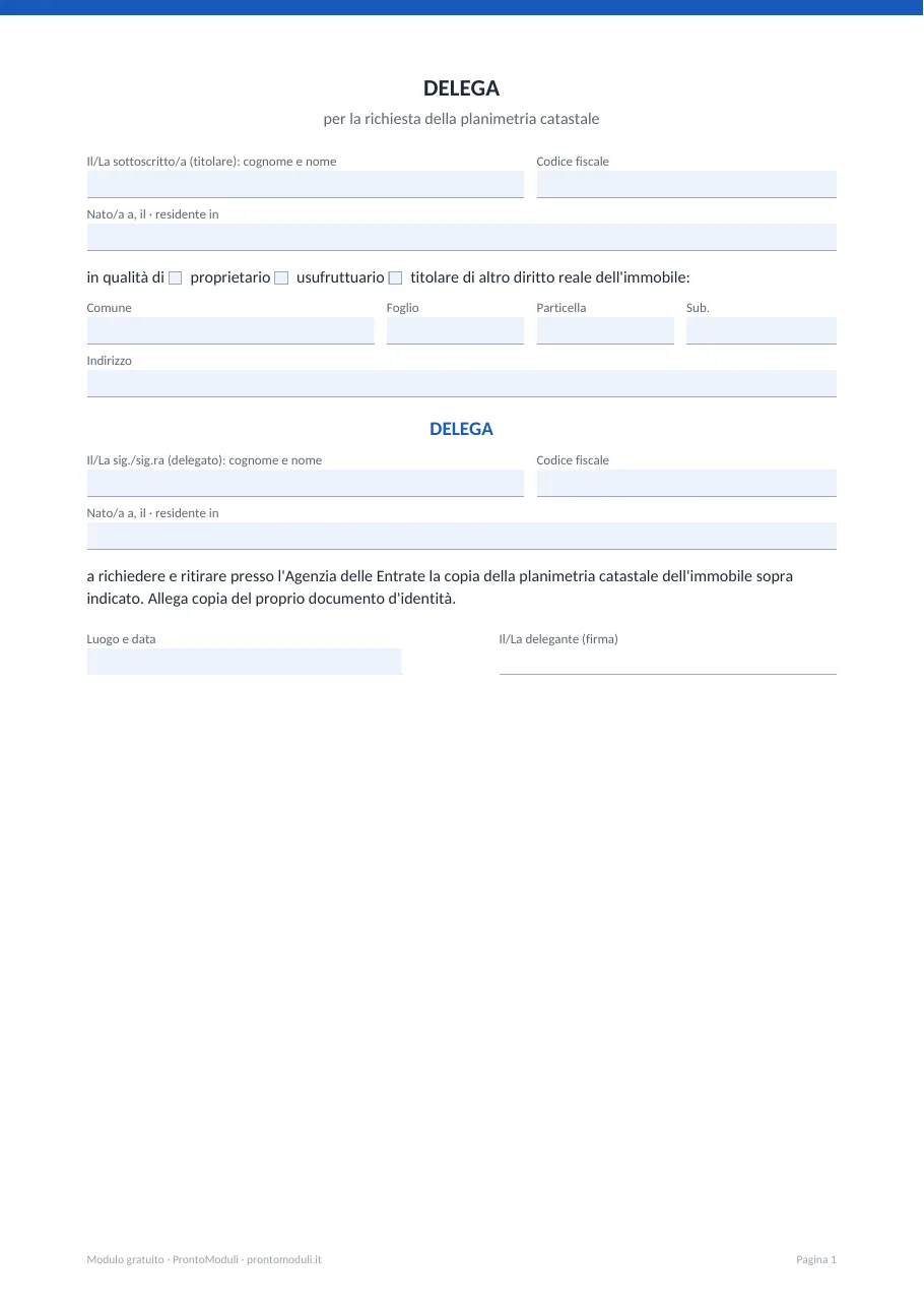 Anteprima del modulo Delega per planimetria catastale