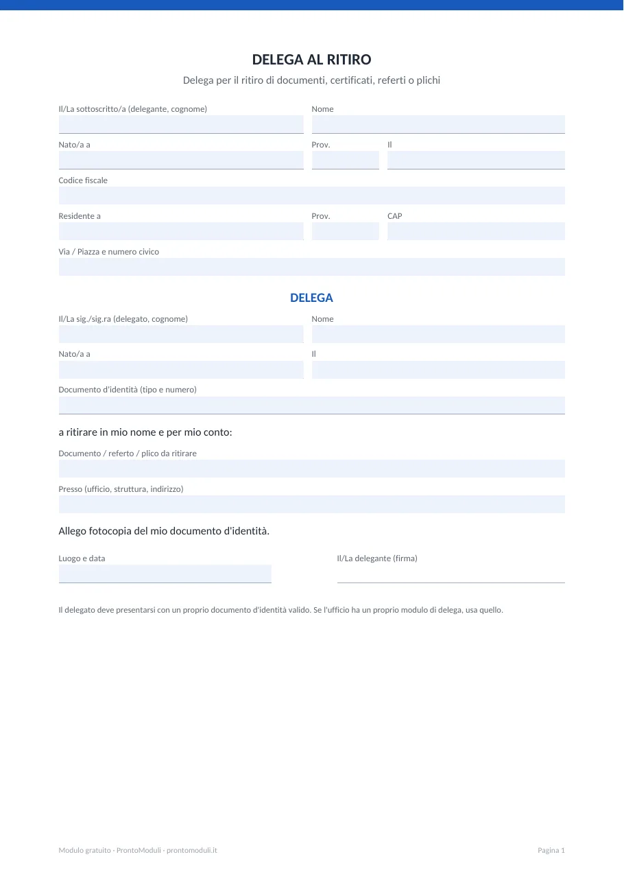 Anteprima del modulo Delega per ritiro documenti