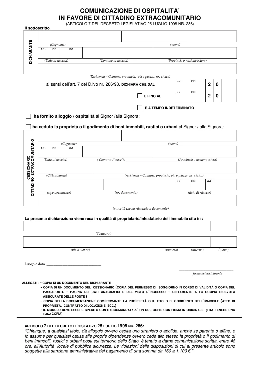 Anteprima del modulo Dichiarazione di ospitalità (stranieri)