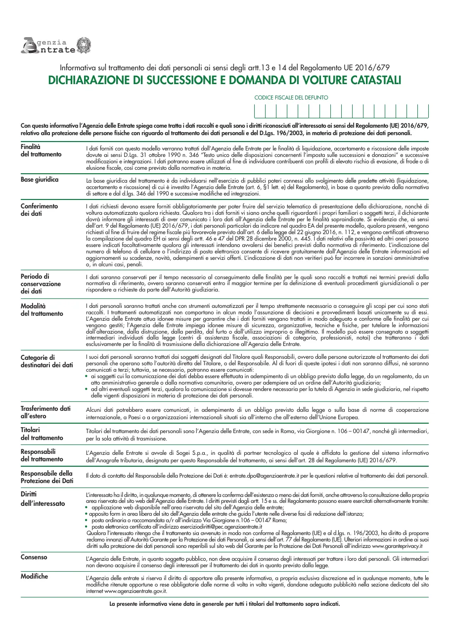 Anteprima del modulo Dichiarazione di successione