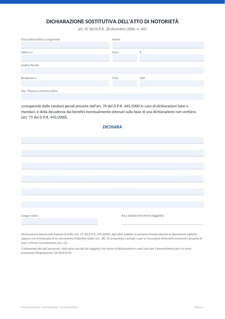 Anteprima del modulo Dichiarazione sostitutiva dell’atto di notorietà