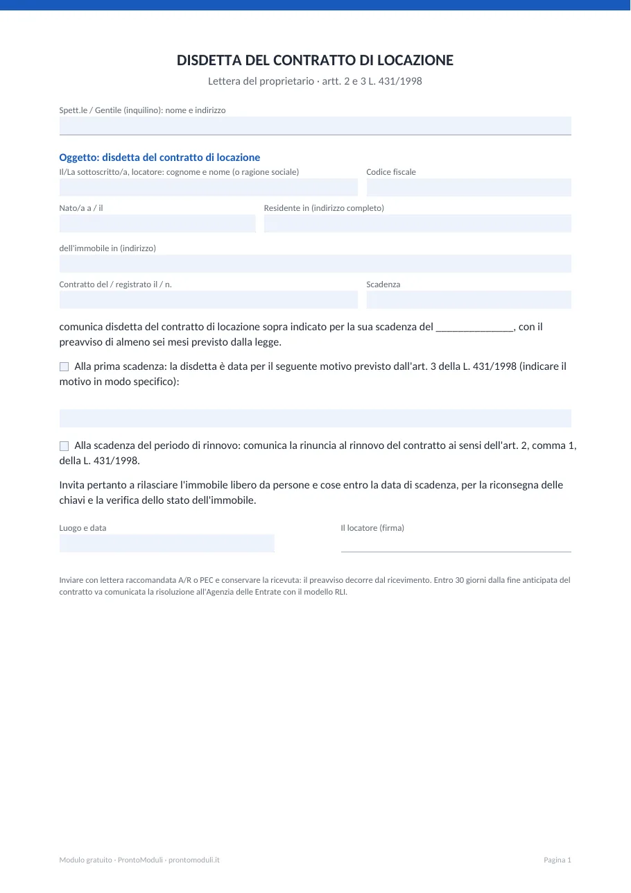 Anteprima del modulo Disdetta affitto da parte del proprietario