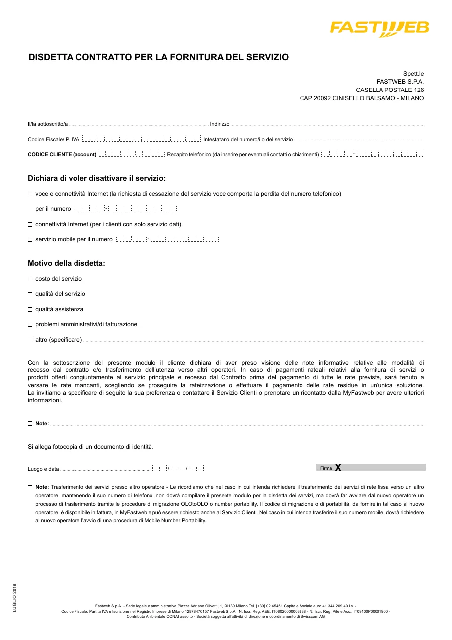 Anteprima del modulo Disdetta Fastweb