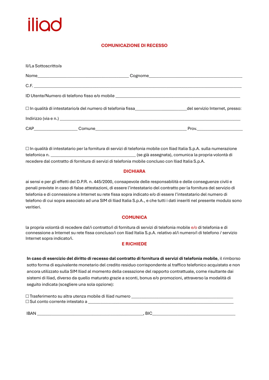 Anteprima del modulo Disdetta Iliad