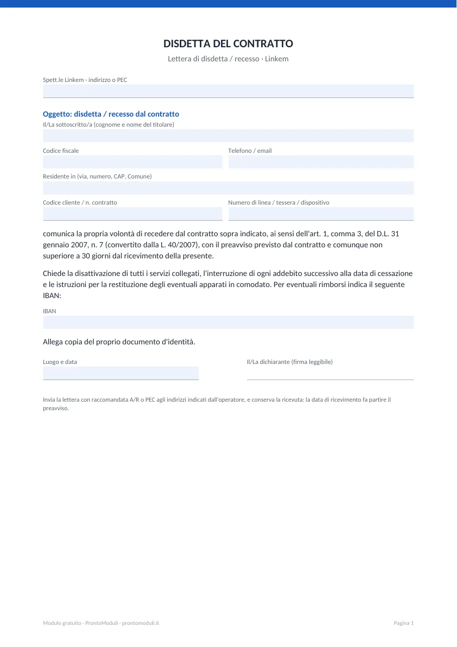 Anteprima del modulo Disdetta Linkem