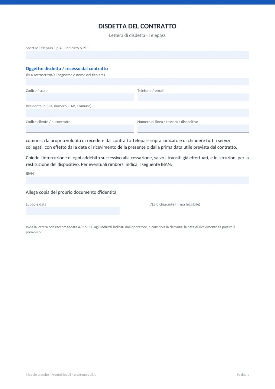 Anteprima del modulo Disdetta Telepass
