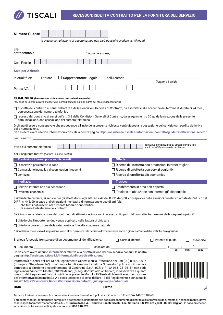 Anteprima del modulo Disdetta Tiscali