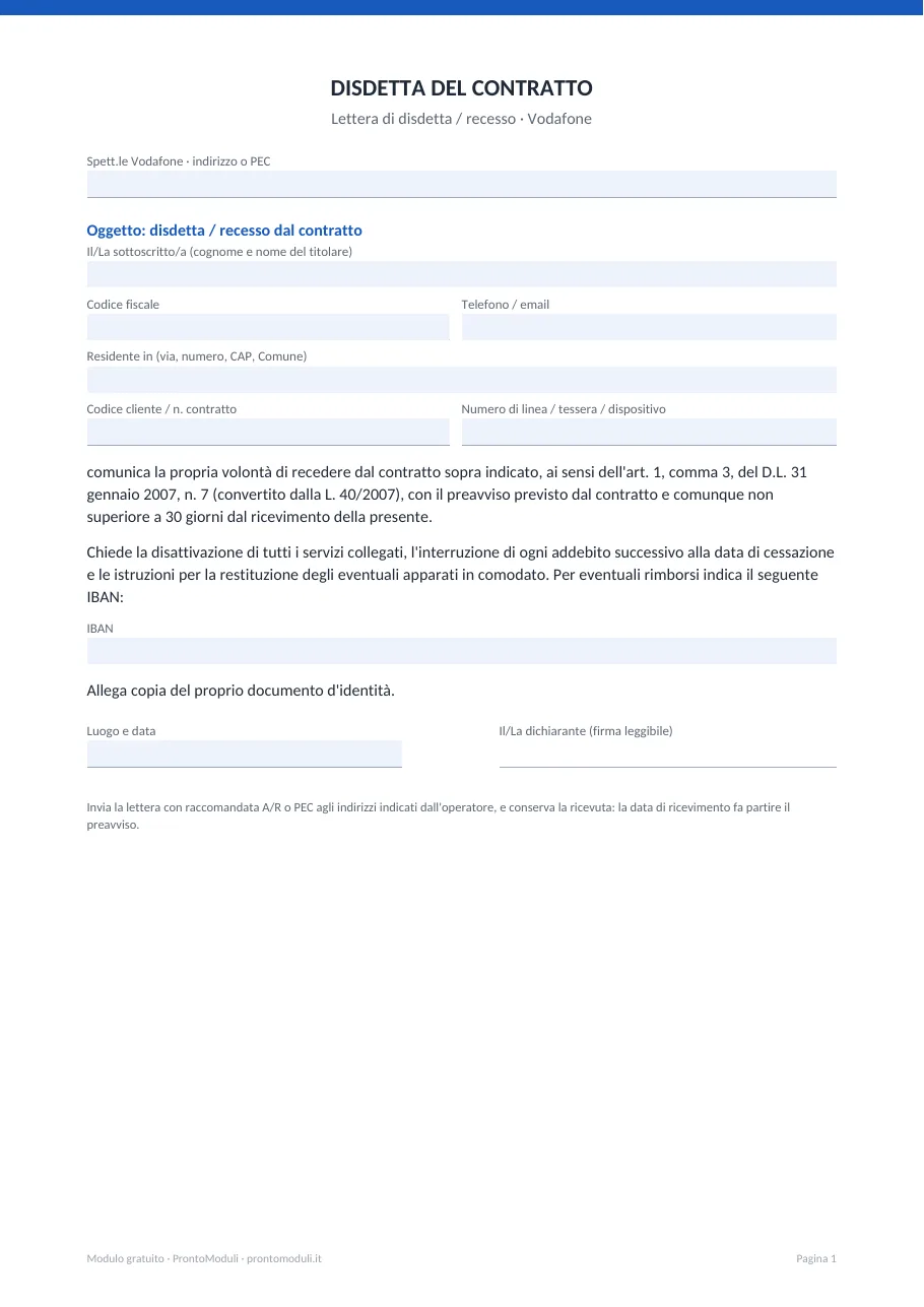 Anteprima del modulo Disdetta Vodafone