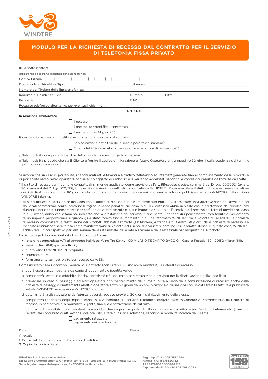Anteprima del modulo Disdetta WindTre