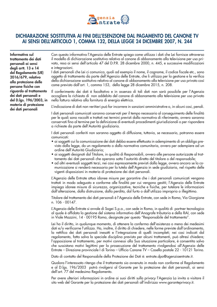 Anteprima del modulo Esenzione canone Rai over 75