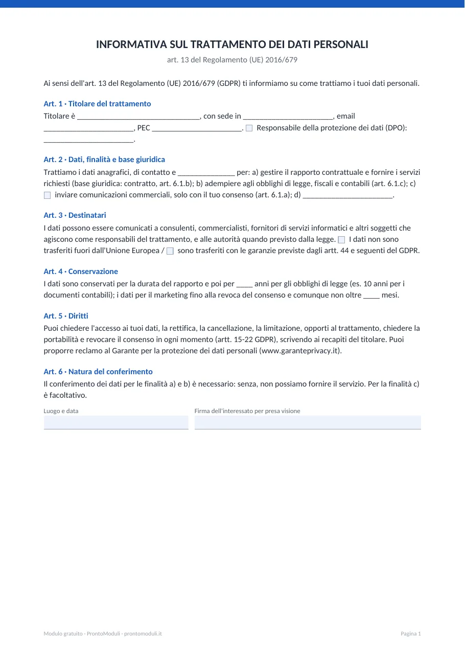Anteprima del modulo Informativa privacy (GDPR)