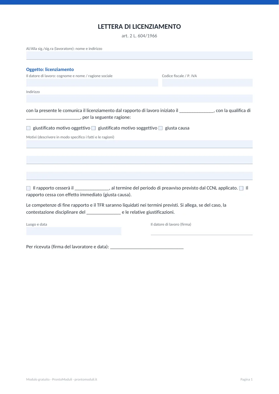 Anteprima del modulo Lettera di licenziamento