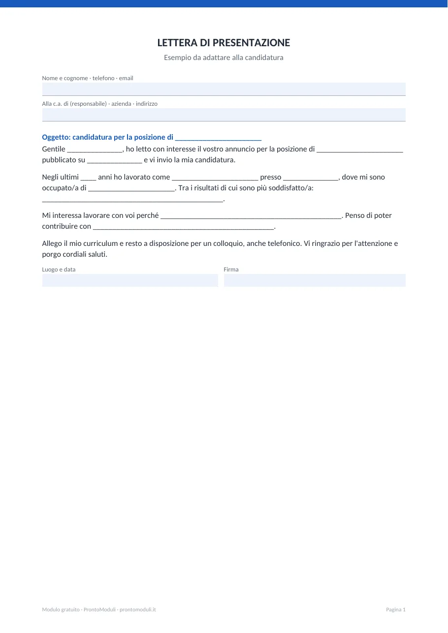 Anteprima del modulo Lettera di presentazione
