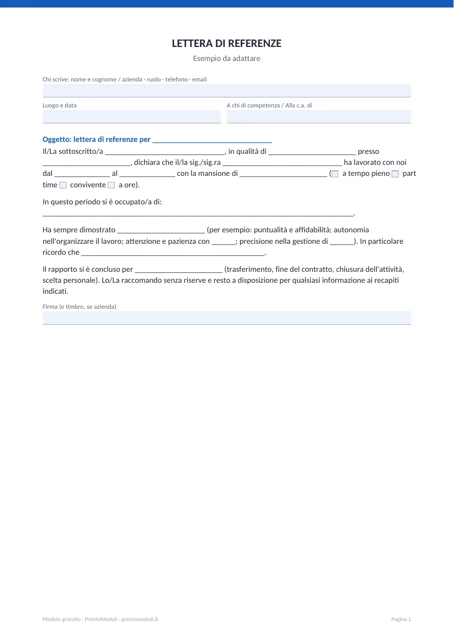 Anteprima del modulo Lettera di referenze