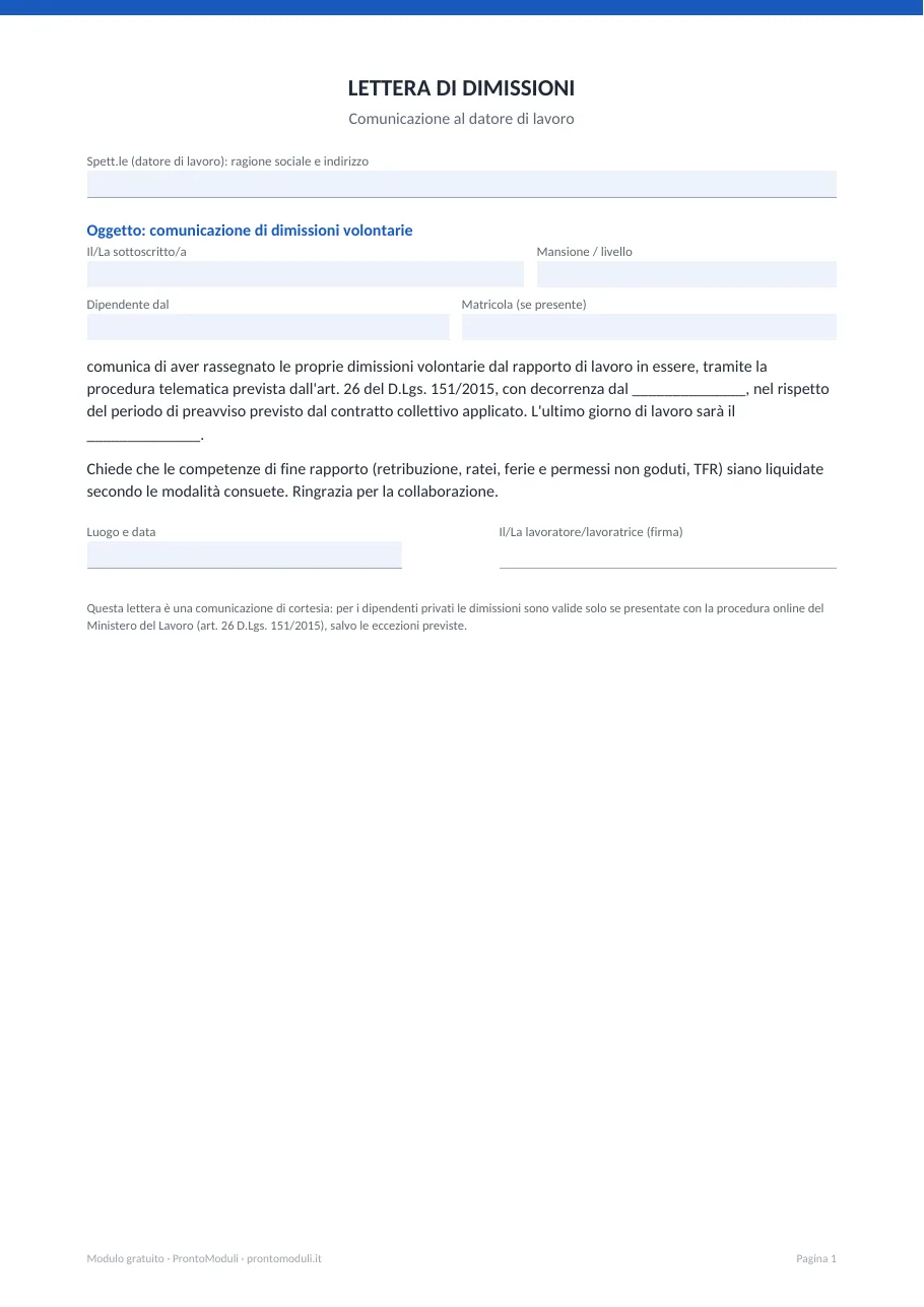 Anteprima del modulo Lettera di dimissioni volontarie