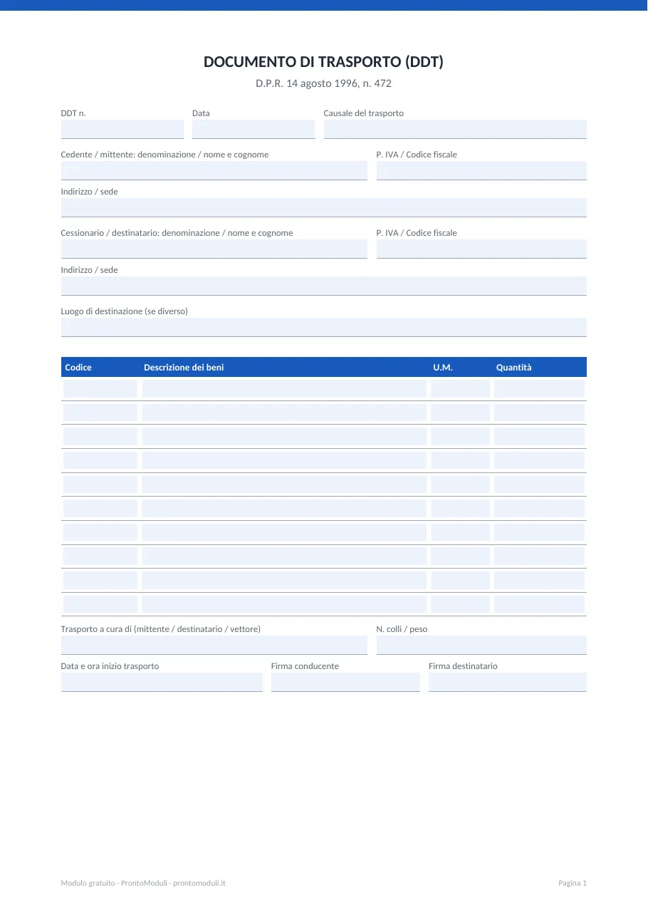 Anteprima del modulo Modello DDT (documento di trasporto)