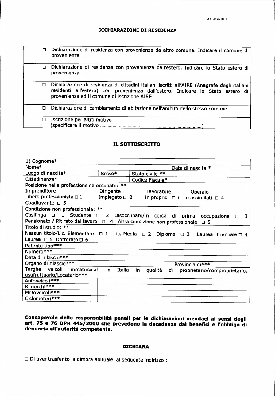 Anteprima del modulo Modulo cambio di residenza