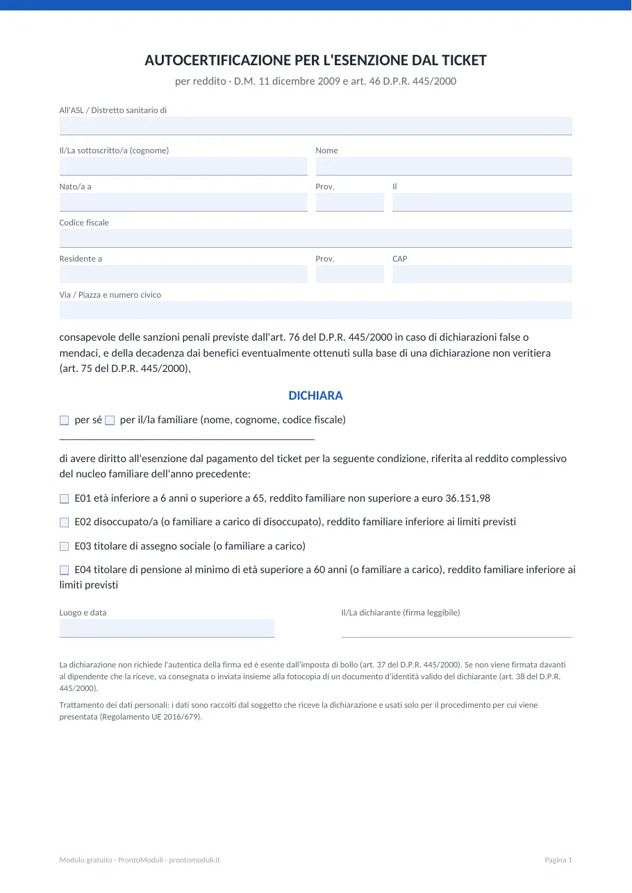 Anteprima del modulo Modulo esenzione ticket per reddito
