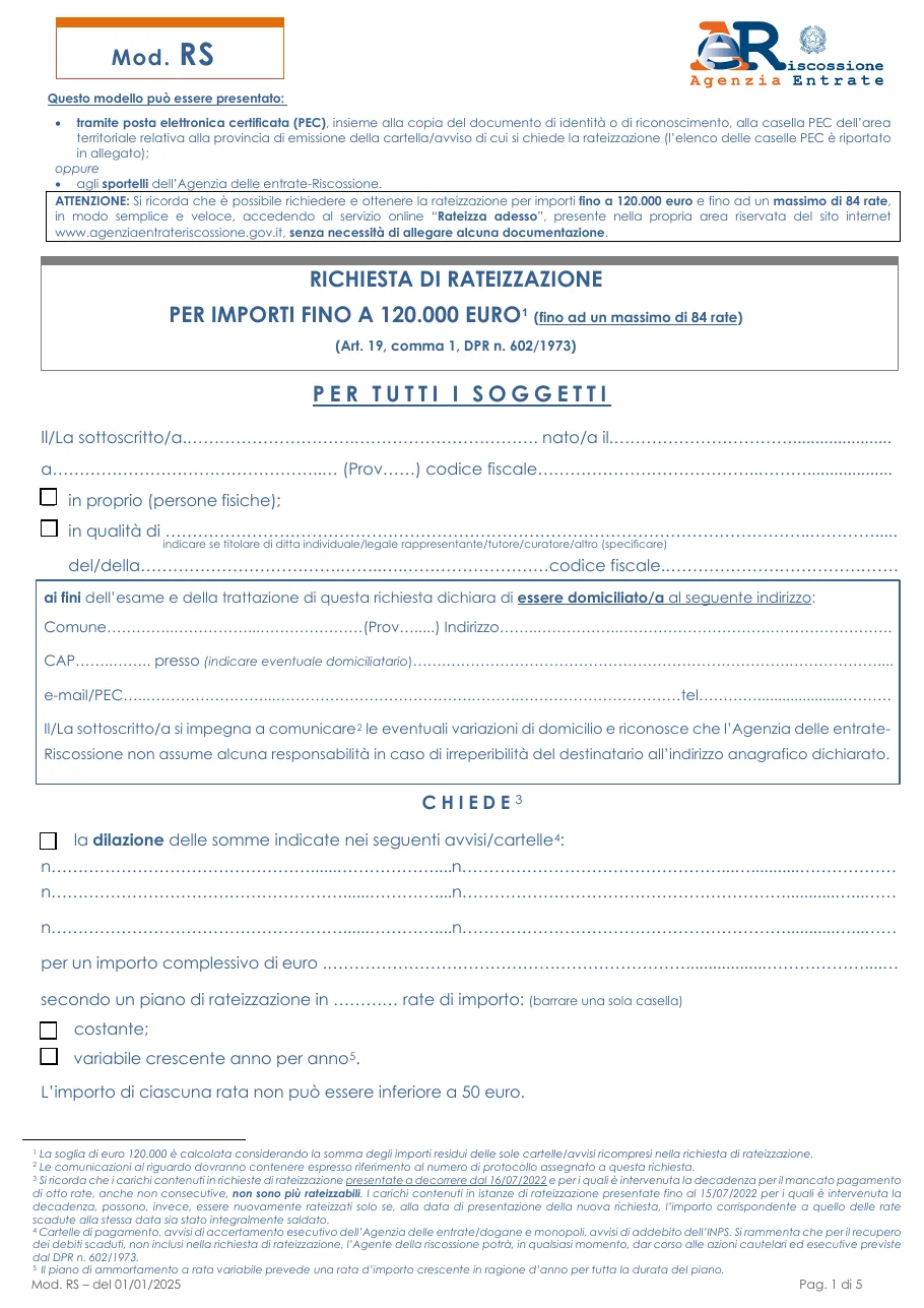 Anteprima del modulo Richiesta di rateizzazione cartelle (modello RS)